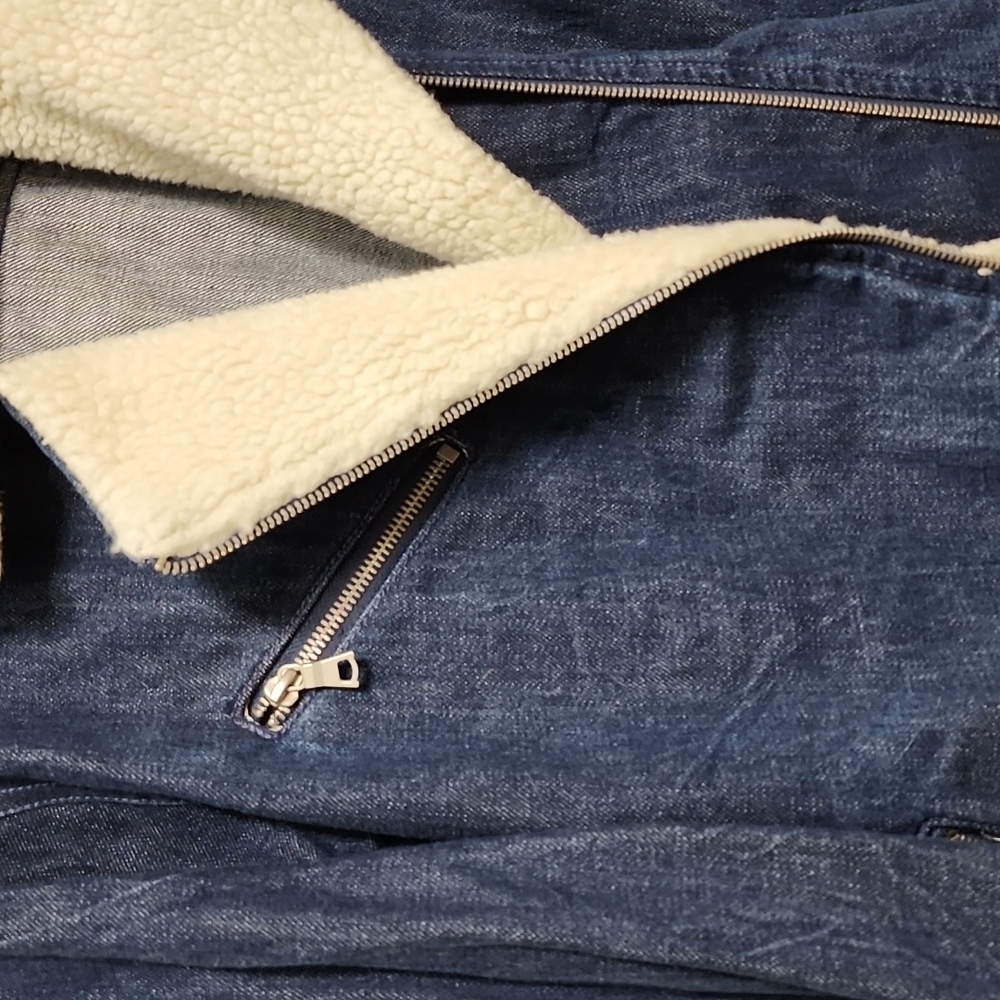 GAP Sherpa Fleece Denim Bomber Jacket Zippers Dark Jean XL Tall NEW - Picture 4 of 8